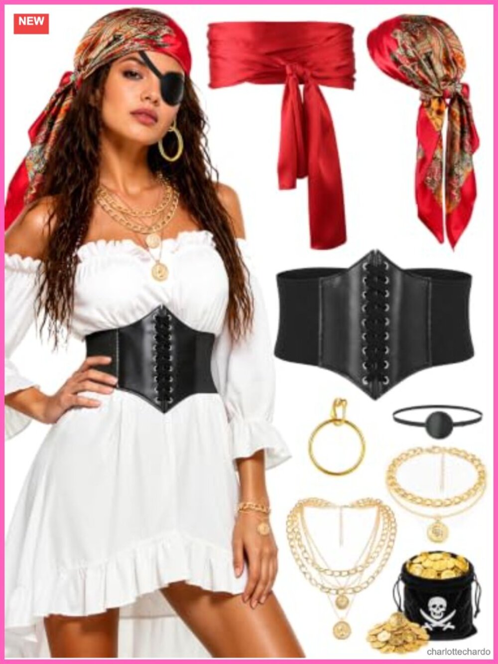 Pirate Costume Set Corset Belt Scarf Necklace Ring Eye Patch Halloween